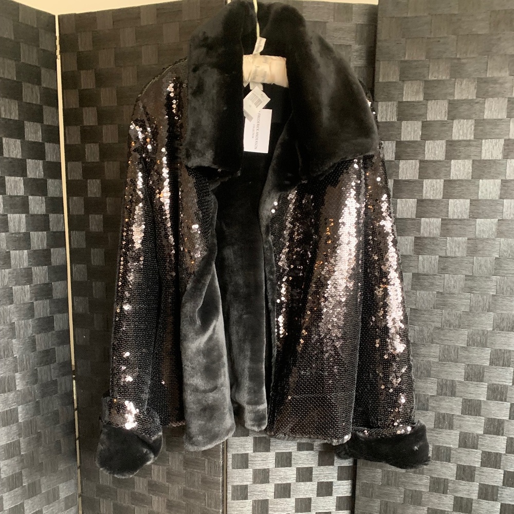 Frederick Anderson Collection black Sequin and Faux Fur Jacket, size 10